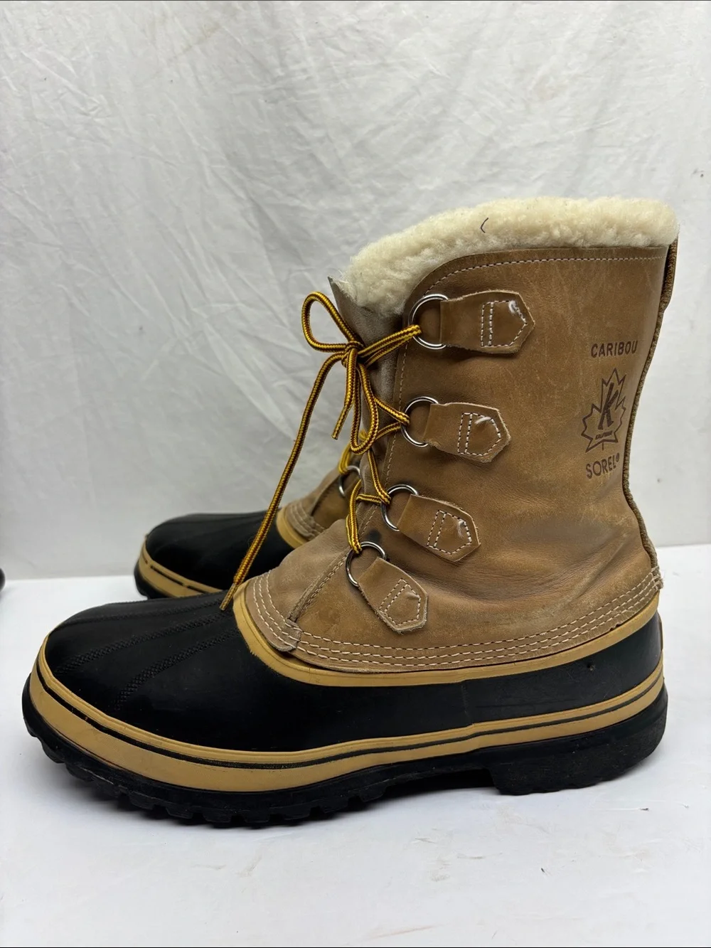 Sorel Caribou Shearling-Lined Waterproof Duck Boots in Tan & Black, SZ 13